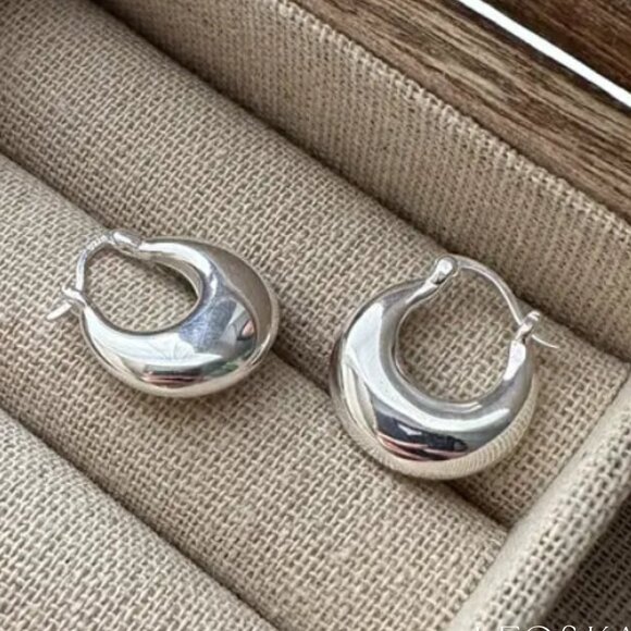 Chunky Bottom Silver Hoop Earrings. 925 Sterling Silver. #1108 - Picture 2 of 5